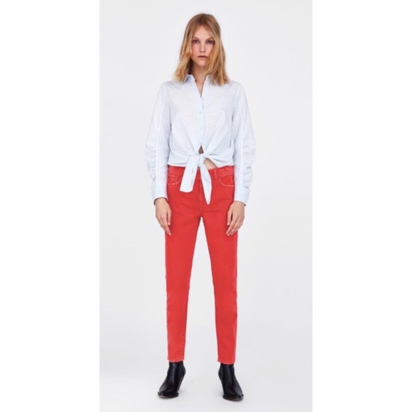 Zara Z1975 Basic Red Mom Jeans Mid-High Waist Fit with Retro Americana Vibe - Picture 1 of 8